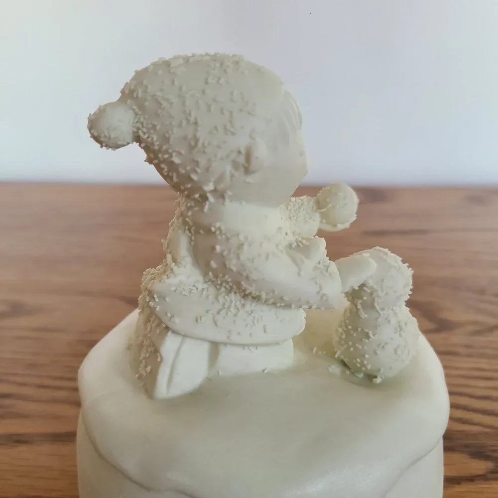 Porcelain Bisque Holiday Christmas Music Box Boy Building Snowman 